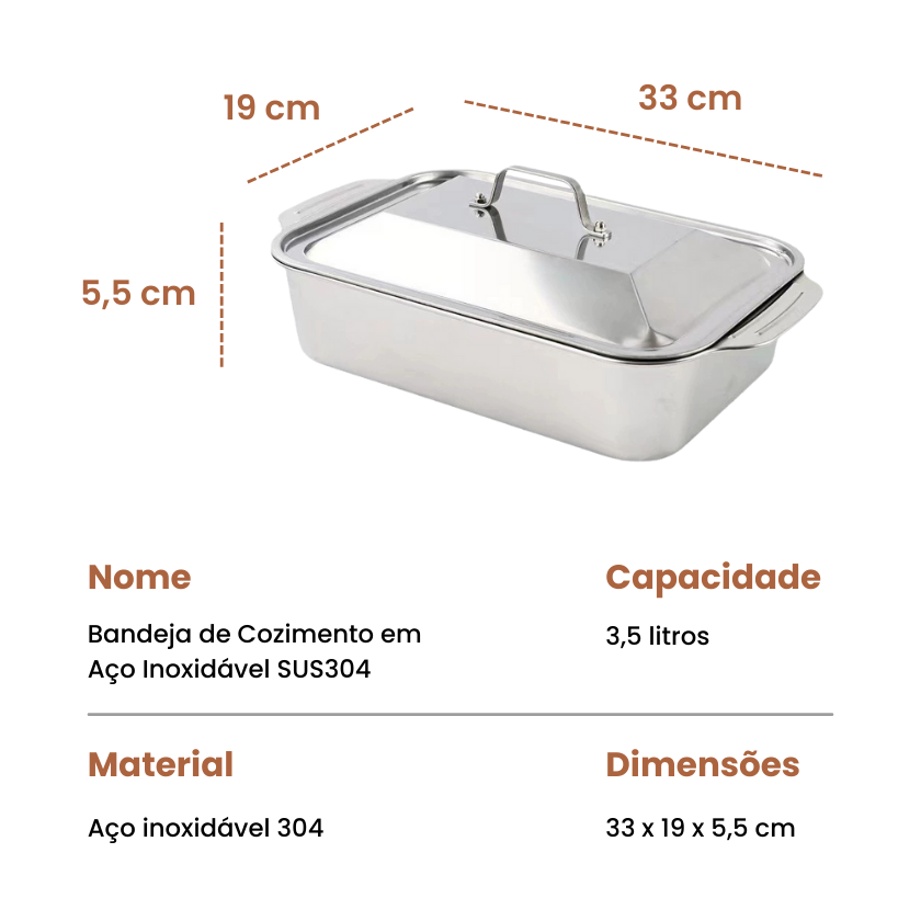 🇵🇹 Bandeja de cozedura direta em aço inoxidável 304 (X5CrNi18-10) maciço da Alemanha 🇩🇪 (3,5 Litros)