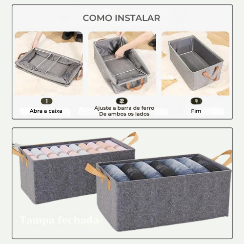 Conjunto de 2 caixas de arrumação de roupa com estrutura fixa em ferro (47 cm x 25 cm x 17 cm)