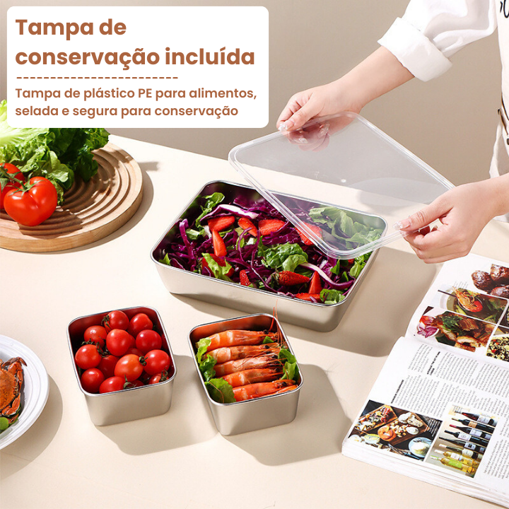 Conjunto de 3 recipientes para alimentos em aço inoxidável (22 x 15 x 6 cm)