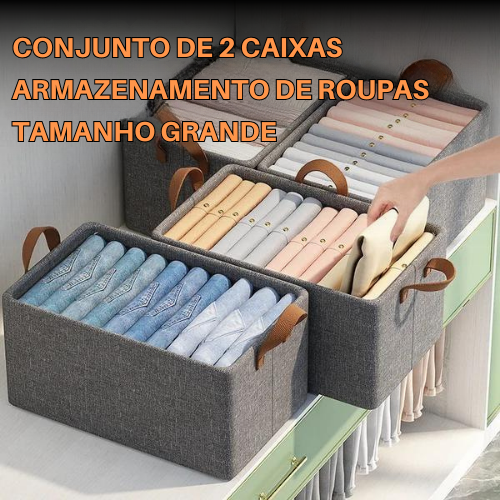 Conjunto de 2 caixas de arrumação de roupa com estrutura fixa em ferro (47 cm x 25 cm x 17 cm)